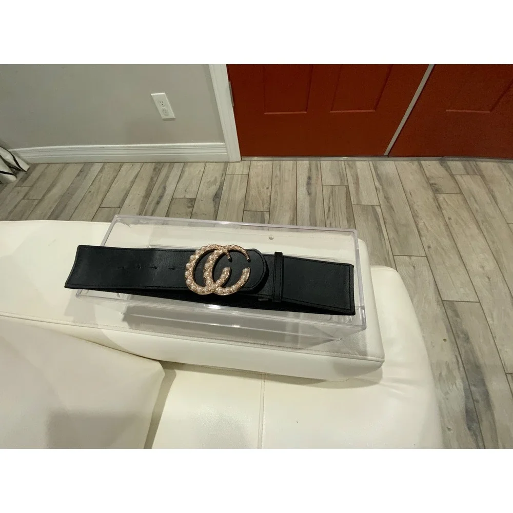 Women Black Elastic‎ Wide Waist Belt Gold Pearl Interlocking C Buckle Statement